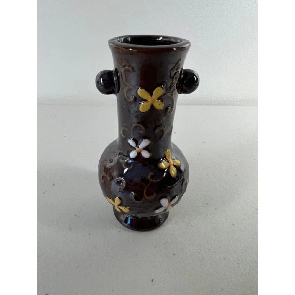 Vintage Made in Occupied Japan Miniature Bud Vase Brown‎ Moriage Floral 4 Inch